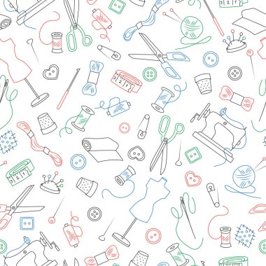 İğne işi temanın ve dikiş, basit anahat simgeleri, beyaz arka plan üzerinde renkli işaretleyicileri seamless modeli