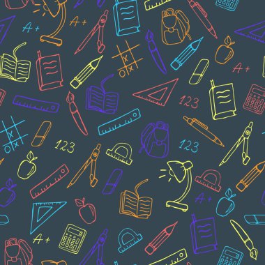 Okul, bir basit çizilmiş kontur simgeler, karanlık bir arka plan üzerinde renkli işaretleyicileri konulu seamless modeli