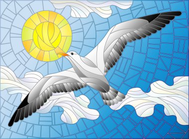 Gökyüzü, güneşin ve bulutların vitray tarzı martı arka planı çizimi