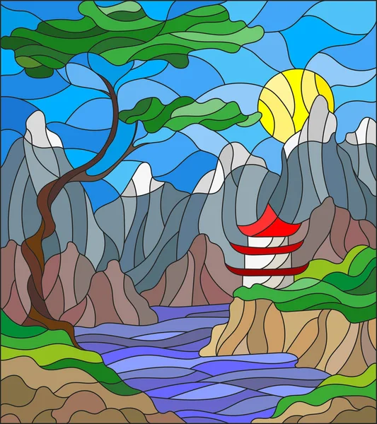 Illustrazione in vetro colorato paesaggio casa giapponese su sfondo cielo, montagne e fiumi — Vettoriale Stock