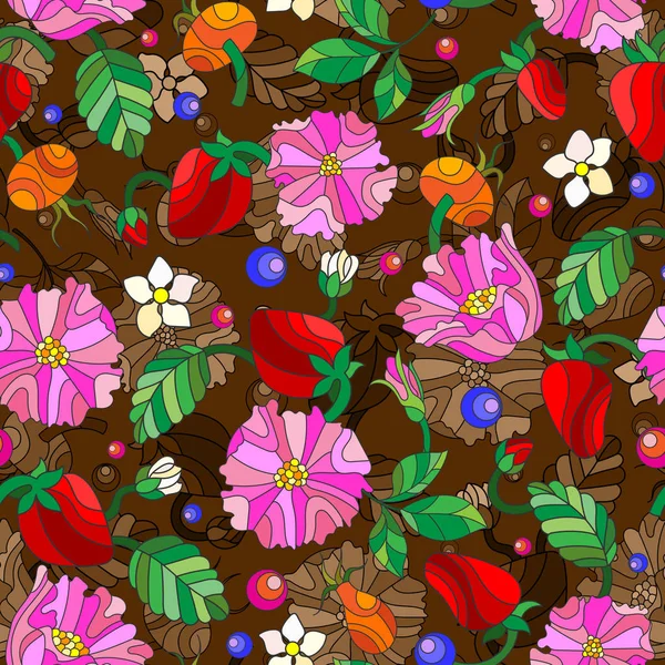 Motif sans couture avec des fleurs de printemps dans le style vitrail, fleurs, bourgeons et feuilles de églantier et de fraise sur un fond brun — Image vectorielle