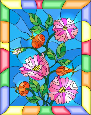 İllüstrasyon vitray tarzı çiçekli, çilek ve parlak bir çerçeve içinde yabani gül yaprakları