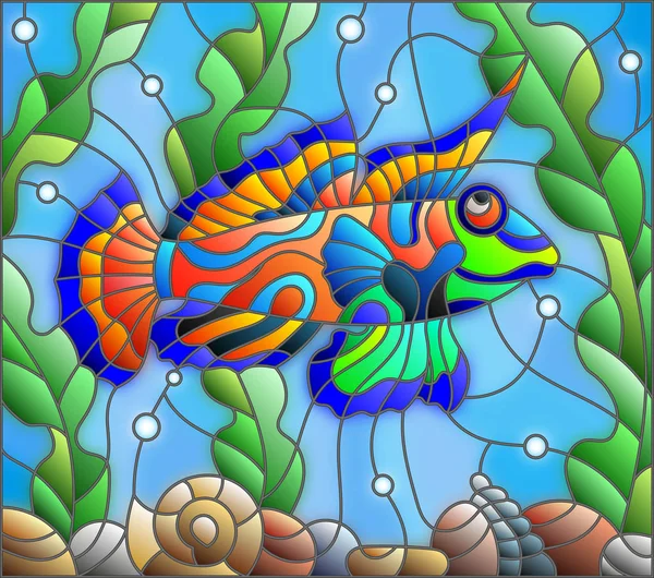 Illustration i målat glas stil mandarin fisk på bakgrunden av vatten och alger — Stock vektor