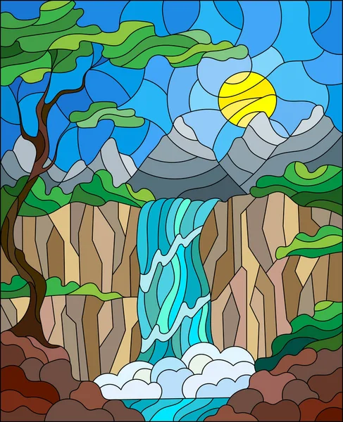 在彩色玻璃风格景观，瀑布、 高山、 太阳和天空的背景上树图 — 图库矢量图片