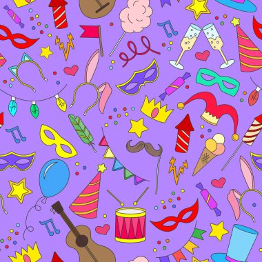 Mor bir arka plan üzerine simgeleri boyalı seamless modeli maskeli balo ve carnival, basit konulu