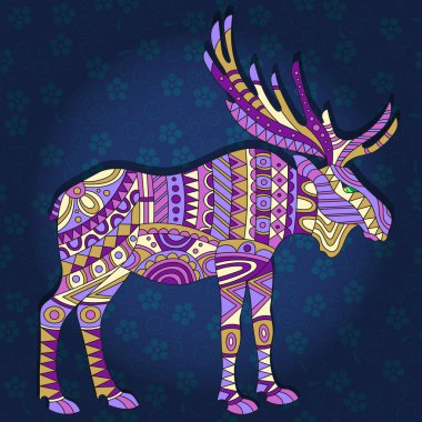 İllüstrasyon koyu mavi çiçek arka plan üzerinde soyut geyik ile