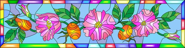 Illustration in stained glass style with flowers , berries and leaves of wild rose in a bright frame — Stock Vector