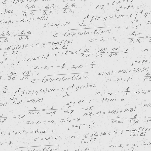 Padrão sem costura sobre o tema do assunto da matemática, fórmulas, teoremas, personagens escuros em um fundo de luz — Vetor de Stock