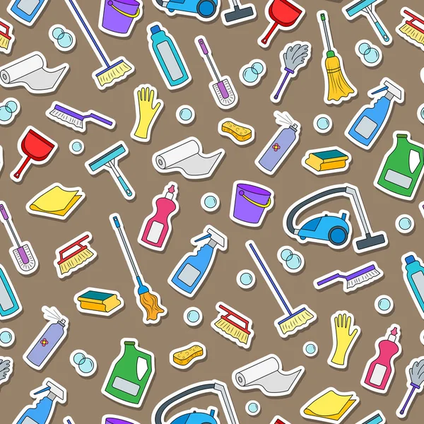 Modello senza soluzione di continuità sul tema della pulizia e attrezzature per la casa e prodotti per la pulizia, icone a colori su uno sfondo marrone — Vettoriale Stock