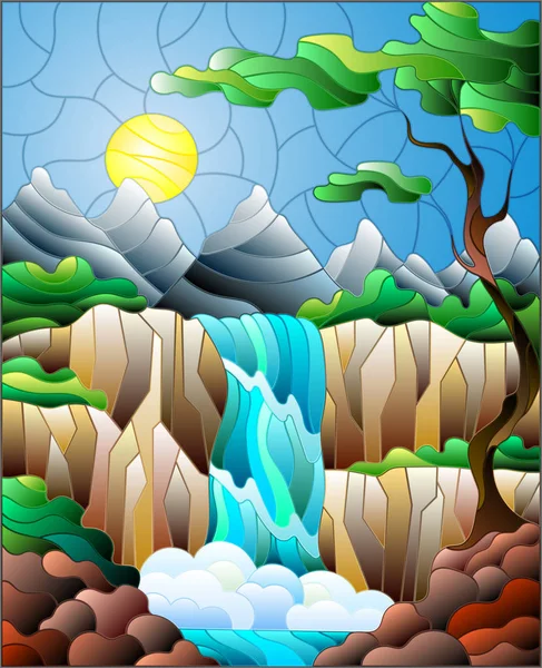 Illustration in Glasmalerei Landschaft, der Baum auf dem Hintergrund eines Wasserfalls, Berge, Sonne und Himmel — Stockvektor