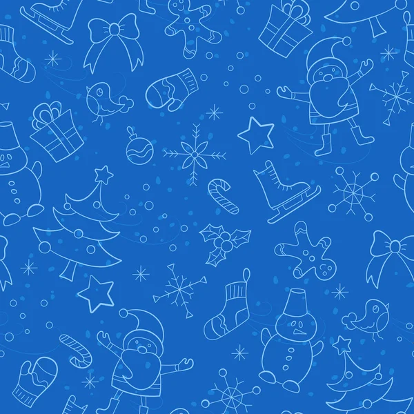 Seamless pattern on the theme of New year and Christmas, simple hand-drawn contour icons on a blue background — Stock Vector