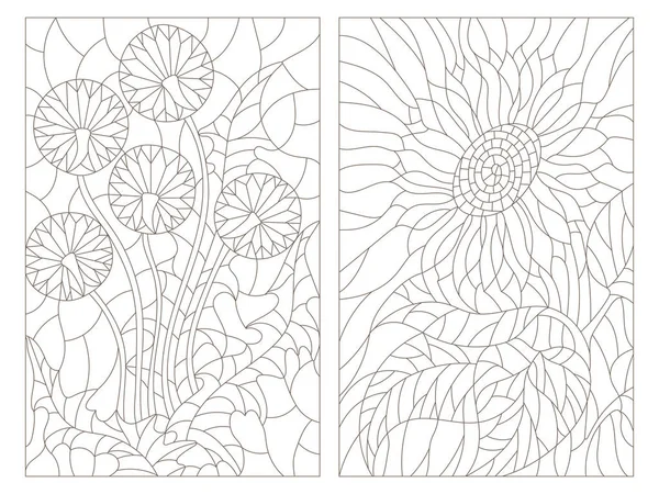 Conjunto de ilustraciones de contorno en el estilo de vidrieras, flores abstractas de bola de soplo y girasol, contorno oscuro sobre un fondo blanco — Vector de stock