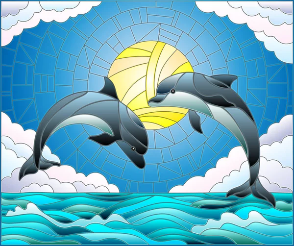 Illustration im Glasmalereistil mit einem Delfinpaar auf dem Hintergrund von Wasser, Wolke, Himmel und Sonne — Stockvektor