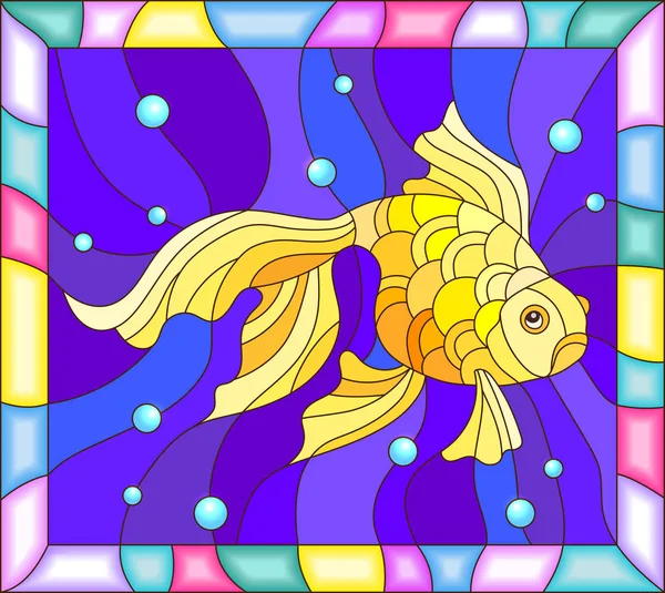 Ilustración en estilo vitral con peces dorados sobre el fondo de agua en marco brillante — Vector de stock