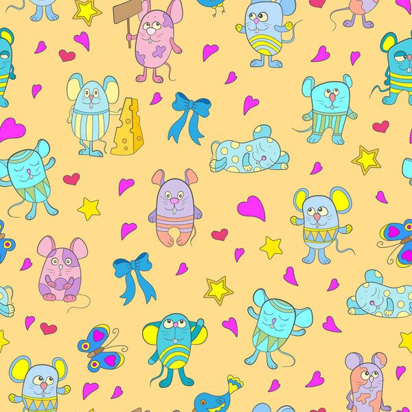 Seamless pattern with funny cartoon mouses on a yellow background