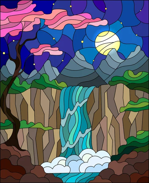 Ilustración en el paisaje de vidrieras, el árbol en el fondo de una cascada, montañas, sol y cielo con flores de cerezo en primer plano — Vector de stock