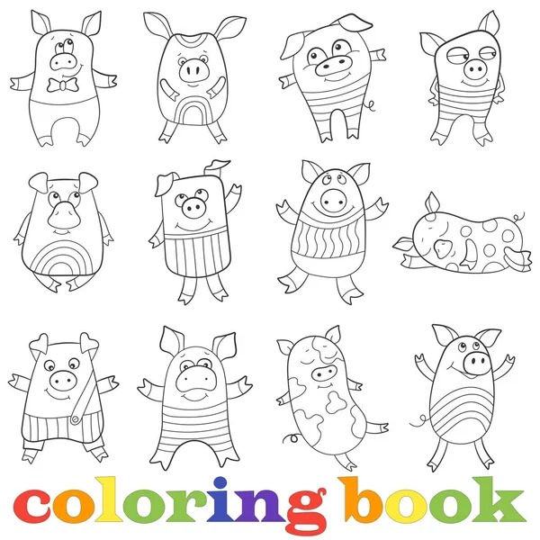 Illustratie met set van contour grappige varkens, coloring boek — Stockvector