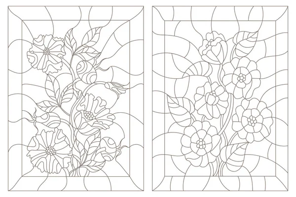 Contour illustraties in de stijl van gebrandschilderd glas, zinnias en wilde roos, donkere overzicht instellen op een witte achtergrond — Stockvector