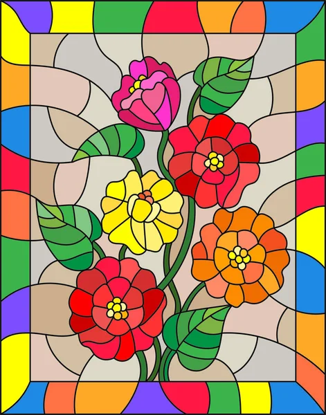 插图在彩色玻璃风格与花，芽和叶鱼尾菊在褐色的背景上 — 图库矢量图片