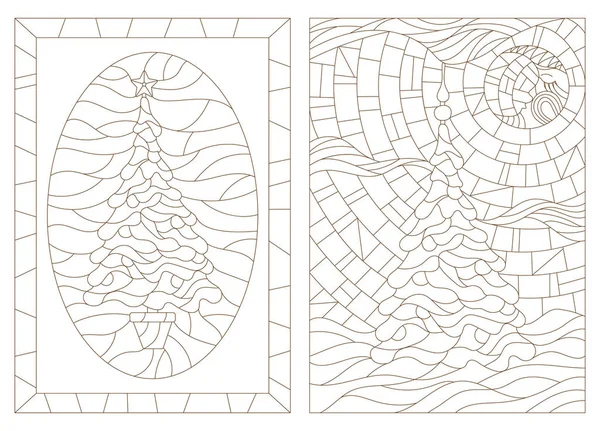 Набір контурних ілюстрацій в стилі вітражів з ялинками — стоковий вектор