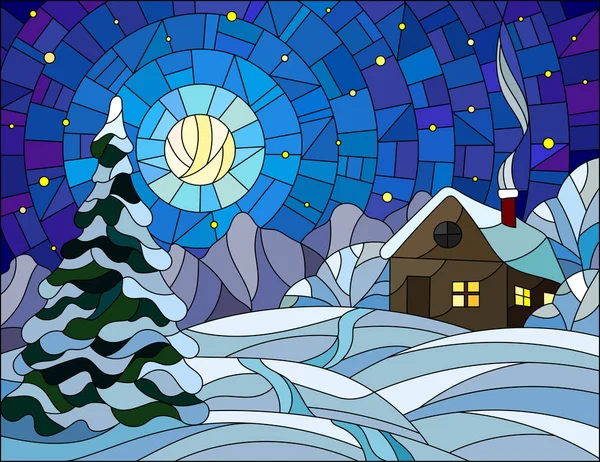 Vintage tarzı kış manzara, köy evi ve köknar ağacı kar, yıldızlı gökyüzü ve ay bir arka plan üzerinde resimde — Stok Vektör