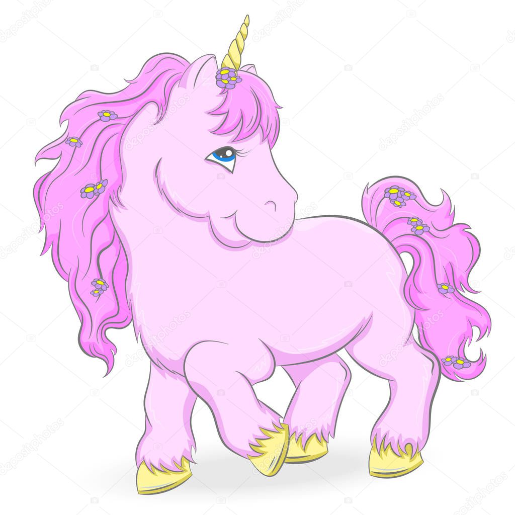 Illustration of a cute pink unicorn  on a white background 