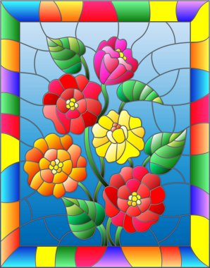 Çiçekler, vitray stiliyle çizimde tomurcukları ve çiçeğe bakın kahverengi bir arka plan üzerinde bırakır