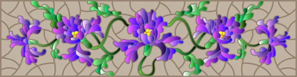 Ilustração em estilo vitral com flores, botões e folhas de íris em um fundo marrom, a orientação horizontal — Vetor de Stock