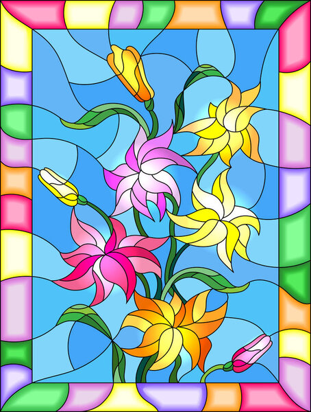 Иллюстрация в витражном стиле с цветами, бутонами и листьями Лили
