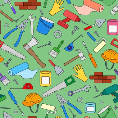 İnşaat ve onarım, basit renk simgeleri yeşil zemin üzerine konu üzerinde sorunsuz arka plan