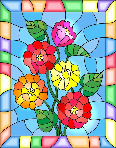 Иллюстрация в витражном стиле с цветами, бутонами и листьями циний на синем фоне — стоковый вектор