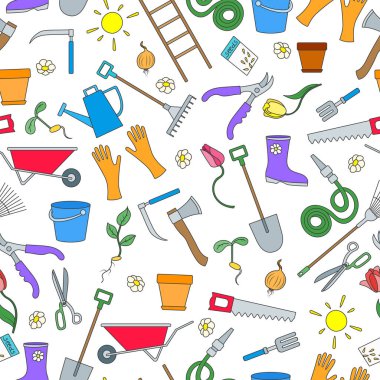 Ekim ve hasat, beyaz arka plan üzerinde basit bir renkli simgeler büyüyen Bahçe temalı seamless modeli