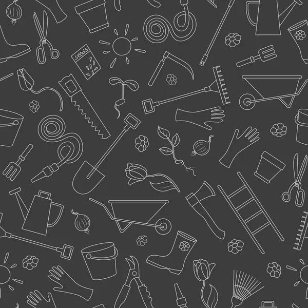 Ekim ve hasat, basit bir kontur simgeler siyah arka plan üzerine beyaz siyah kontur büyüyen Bahçe temalı seamless modeli