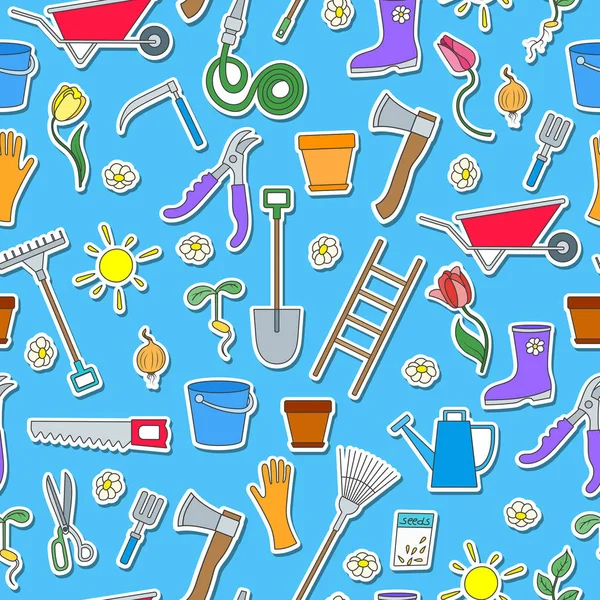 Ekim ve hasat, mavi arka plan üzerinde basit bir renkli simgeler büyüyen Bahçe temalı seamless modeli