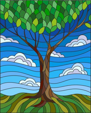 Illustration in stained glass style with tree on sky background  clipart
