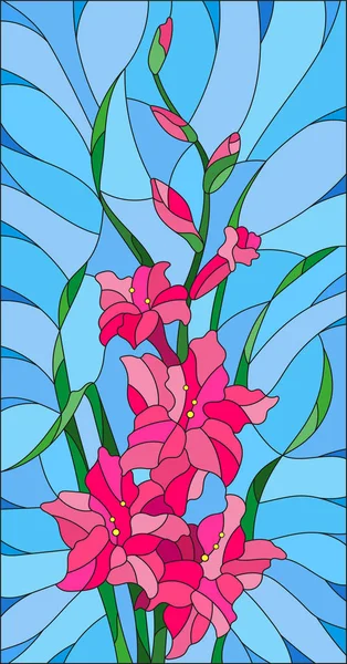 Illustration en verre teinté fleur de gladiolus rose sur fond bleu — Image vectorielle