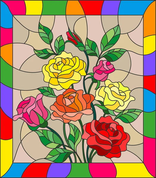 Illustration en vitrail avec des fleurs, des bourgeons et des feuilles de roses sur fond brun — Image vectorielle