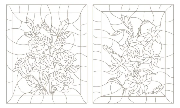 Conjunto de ilustraciones de contorno en el estilo vidrieras, flores abstractas de rosa y lirio, contorno oscuro sobre un fondo blanco — Vector de stock
