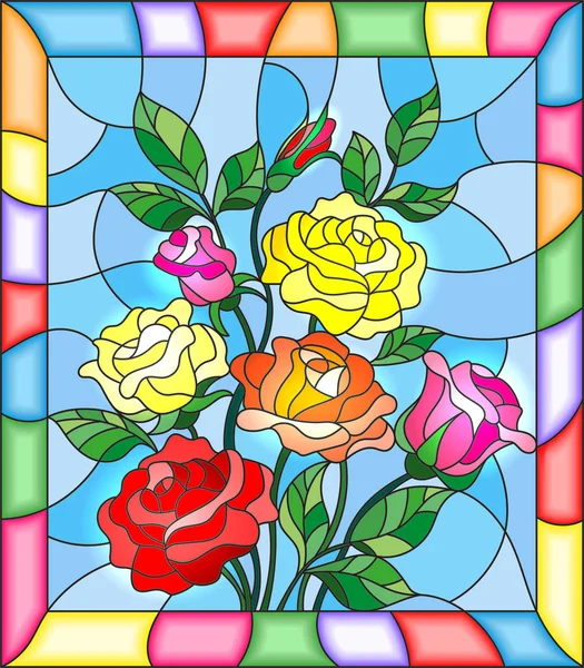 Illustration en vitrail avec fleurs, bourgeons et feuilles de roses sur fond bleu — Image vectorielle