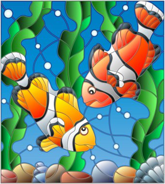 Illustration in stained glass style with a pair of clown fish on the background of water and algae vector Illustration in stained glass style with a pair of clown fish on the background of water and algae vector