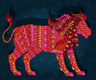 İllüstrasyon koyu mavi çiçek arka plan üzerinde soyut kırmızı aslan ile