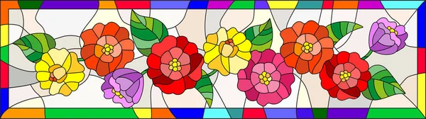 Ilustração em estilo vitral com flores, botões e folhas de zinnias em um quadro brilhante, orientação horizontal —  Vetores de Stock