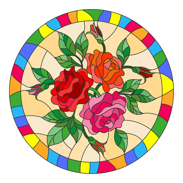 Ilustración en estilo vitral con flores y hojas de rosa en un marco redondo brillante — Vector de stock