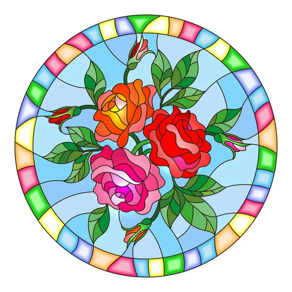 Illustration en vitrail avec des fleurs et des feuilles de rose dans un cadre rond lumineux — Image vectorielle