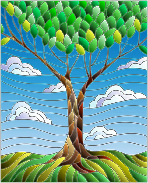 Ilustración en estilo vitral con árbol sobre fondo celeste — Archivo Imágenes Vectoriales