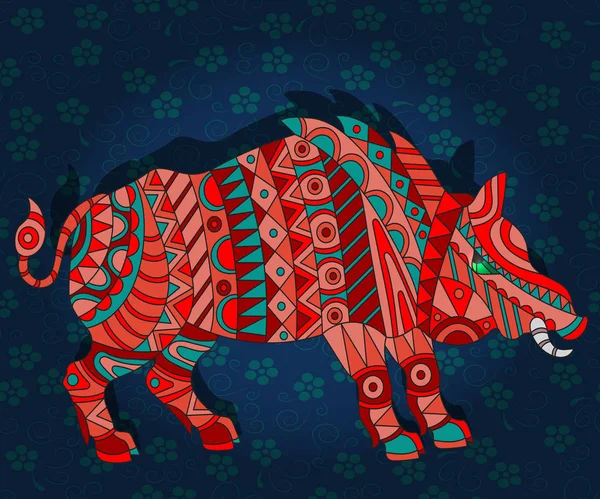 Ilustração com abstrato selvagem um porco vermelho em um fundo floral azul escuro —  Vetores de Stock