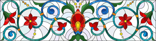 Illustration im Buntglasstil mit abstrakten Wirbeln, Blumen und Blättern auf hellem Hintergrund, horizontale Ausrichtung — Stockvektor