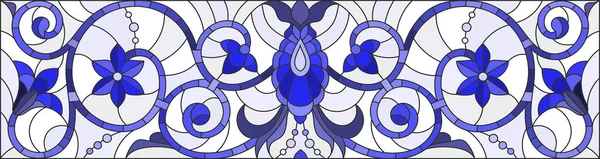 Illustration im Glasmalereistil mit abstrakten Wirbeln, Blumen und Blättern auf hellem Hintergrund, horizontale Ausrichtung, Gammablau — Stockvektor