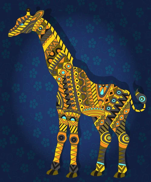 Ilustrace v etnickém stylu s obrázkem žirafy na tmavě modrém pozadí květinové — Stockový vektor