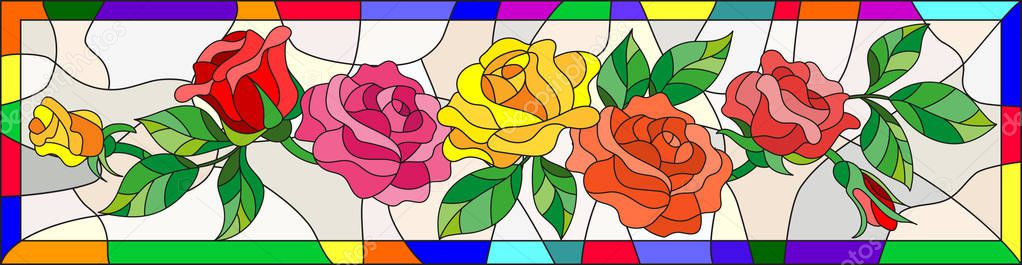 Illustration in stained glass style with flowers and leaves of  rose in a bright frame